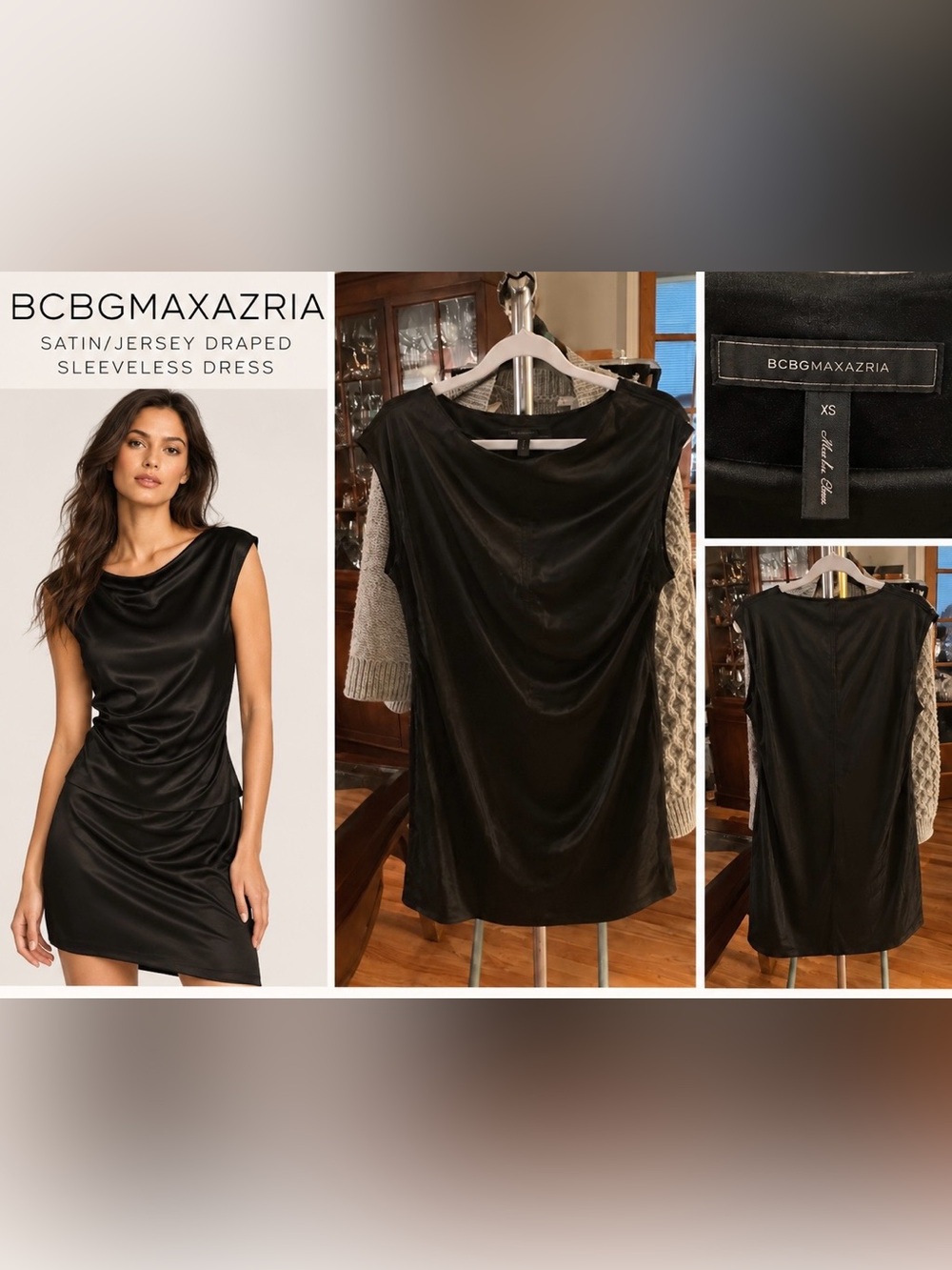BCBGMAXAZRIA Satin/Jersey Draped Sleeveless Dress Draped Mini Dress in Black